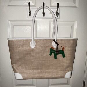 Mark And Graham Large MONTAUK RAFFIA TOTE Straw Summer Tan White Purse Bag